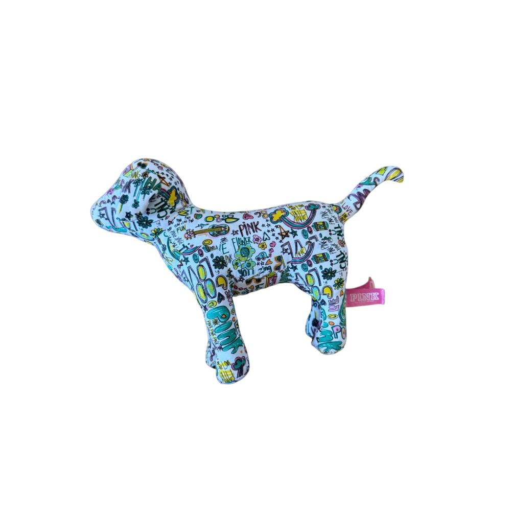 PINK‎ Victoria’s Secret graffiti dog plush doodle drawings colorful 8.5”x6”